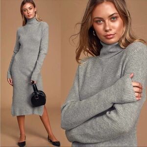 Lulu's Sheerah Heather Grey Turtleneck Midi Sweater Dress Ribbed Knit XL NWT